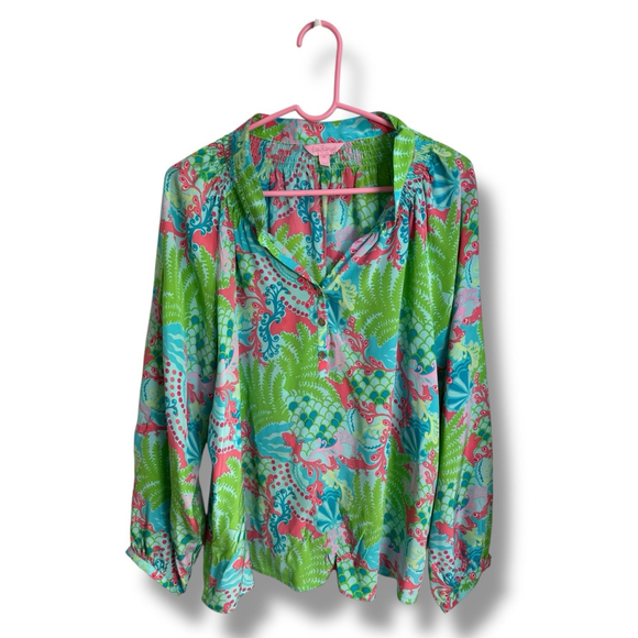 Lilly Pulitzer Tops - Lilly Pulitzer Elsa Silk Top Dream Team Print Pink Aqua Green Size 14